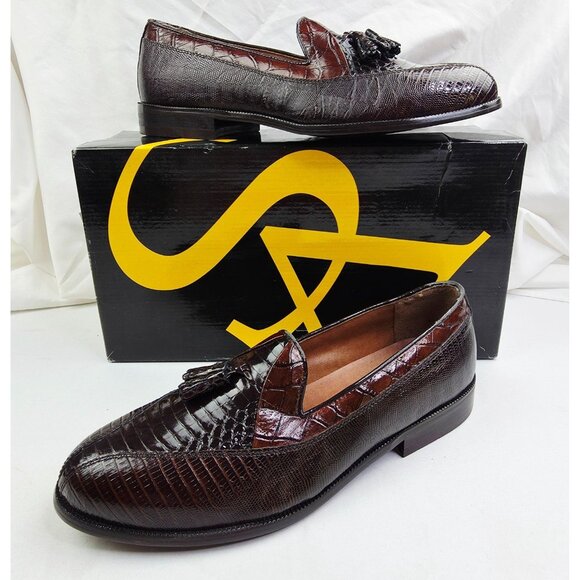 Stacy Adams Genuine Snake Size 9M Mens Brown Slip On Tassel Accent Loafers NIB - Picture 1 of 15